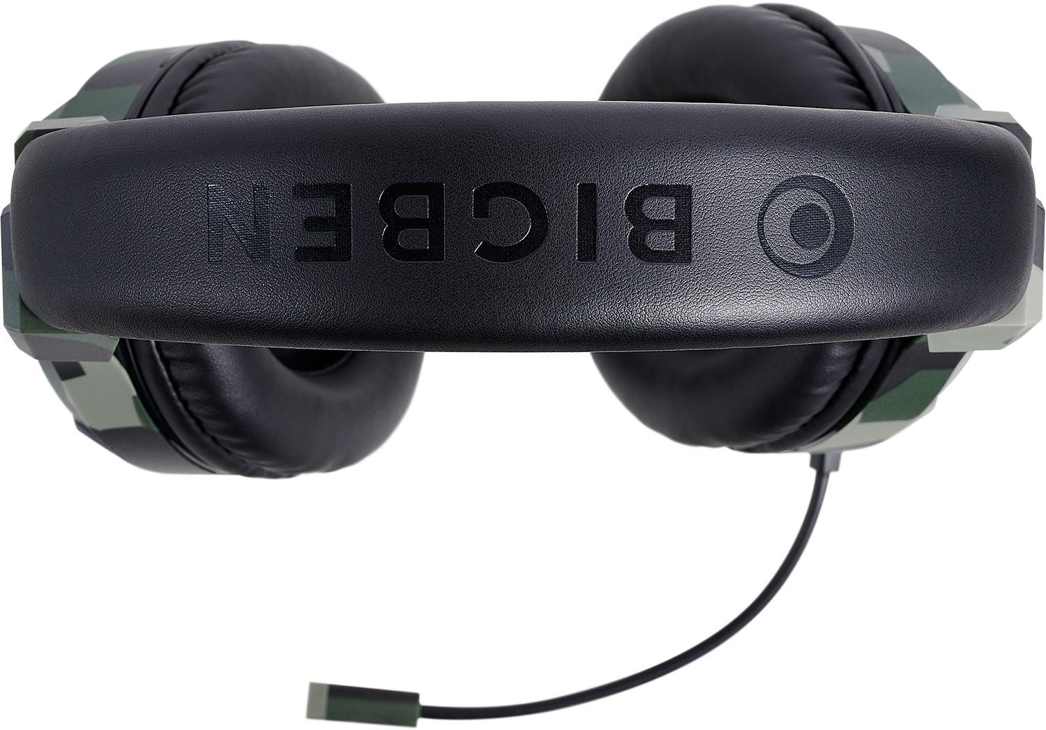 Headphones with camouflage earcups and headband, black accents, and a microphone.