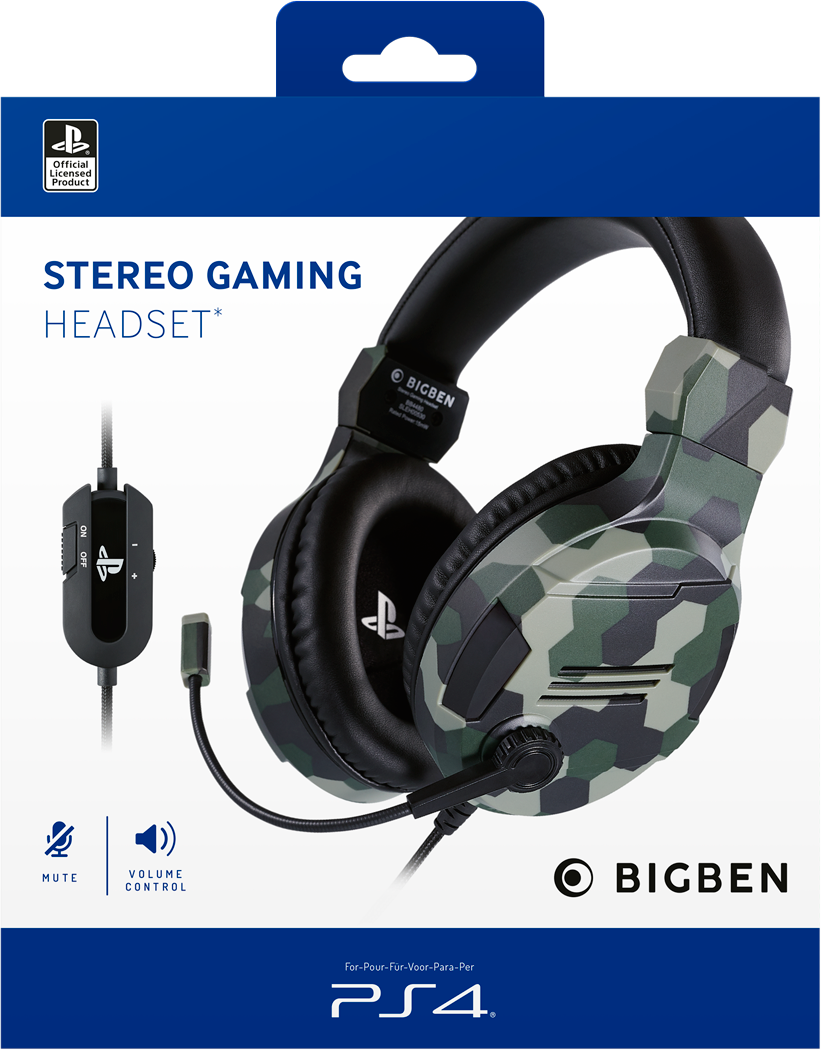 Bigben PS4 stereo gaming headset box, camo pattern, with microphone and controls.