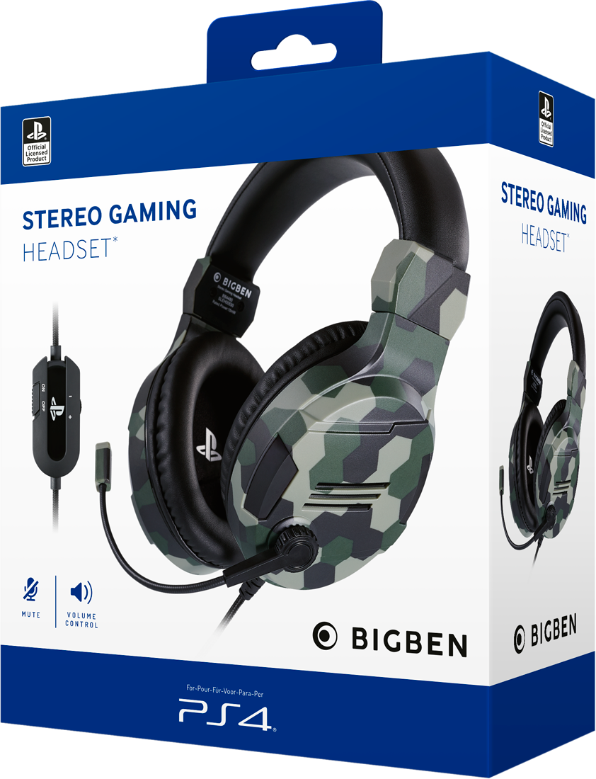 A headset box, with a camo headset. The box says "Stereo Gaming Headset" and shows the PS4 logo.