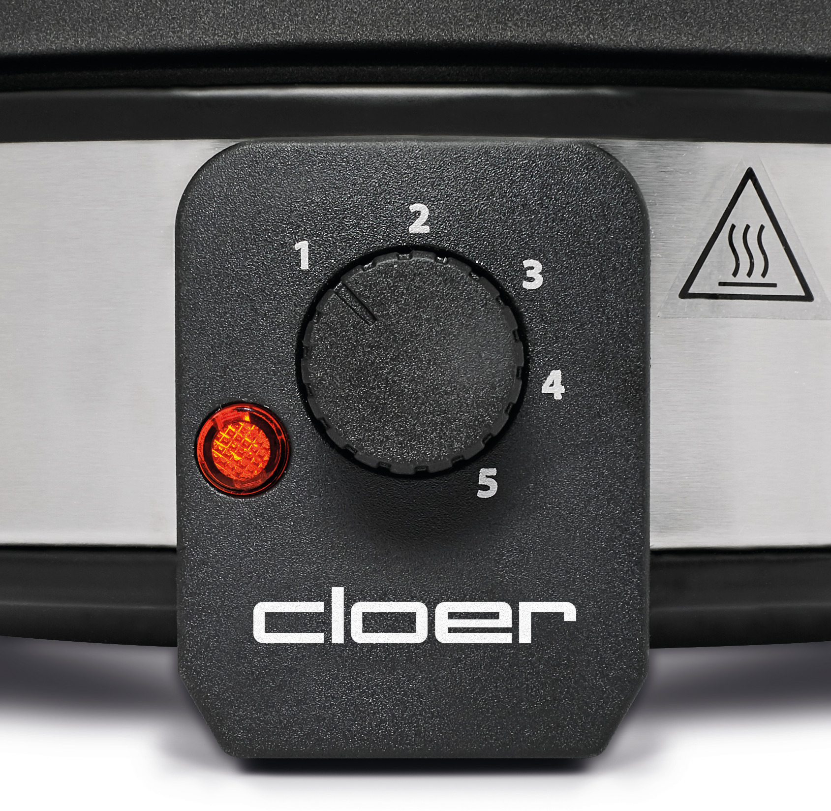 Schwarzes Bedienfeld mit Drehregler (1-5), rotem Licht und dem Wort 'cloer'.