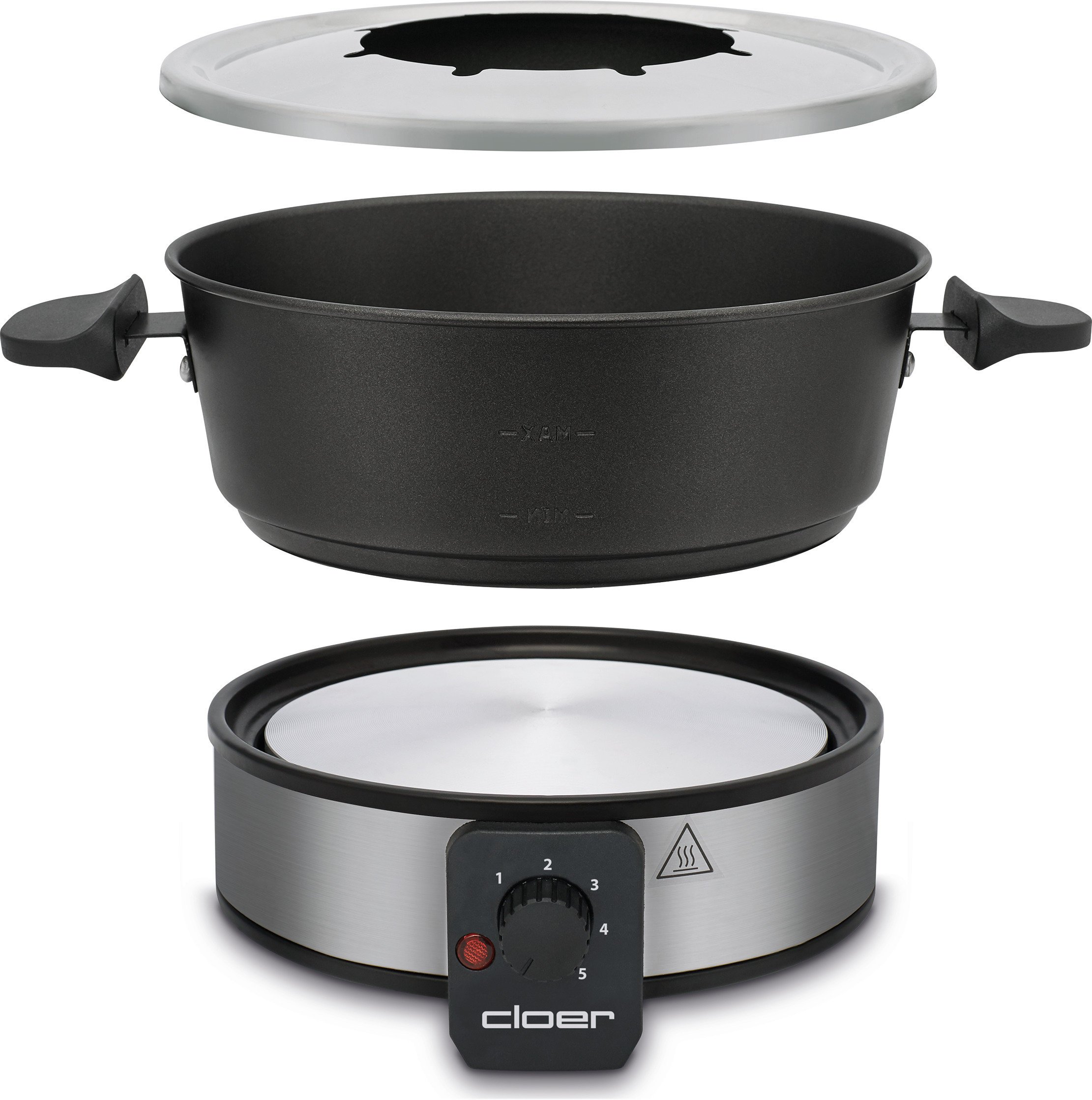 Ein Fondue-Set. Ein schwarzer Topf, ein Heizelement und ein silberner Deckel. Knöpfe und Zahlen sind sichtbar.
