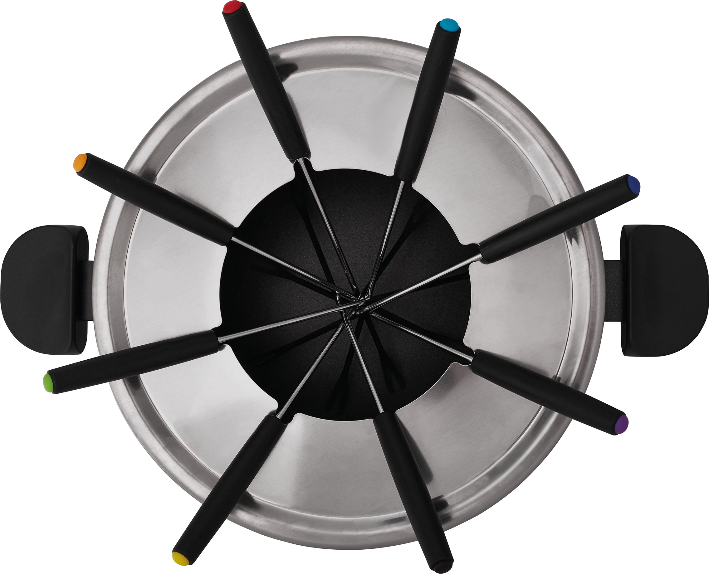 Fondue-Set. Silberner Topf mit schwarzen Griffen und Gabeln mit farbigen Spitzen.