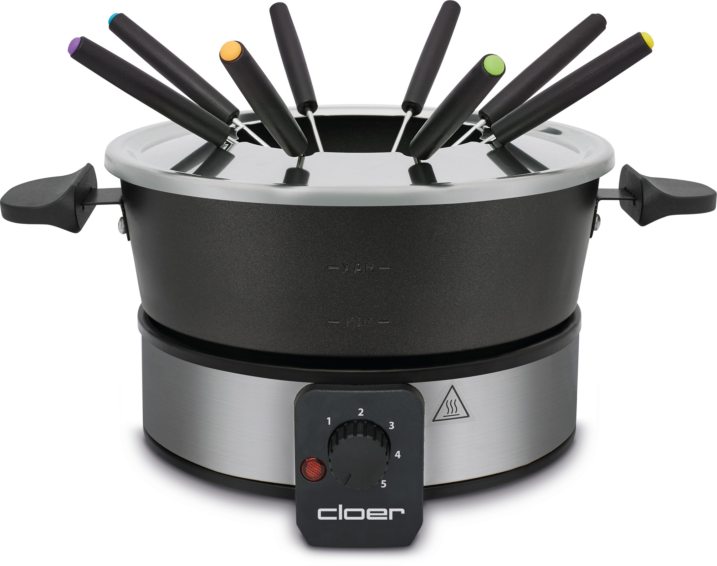 Ein Fondue-Set mit einem schwarzen Topf, einem silbernen Sockel und sechs Fondue-Gabeln. Der Temperaturregler ist vorne.
