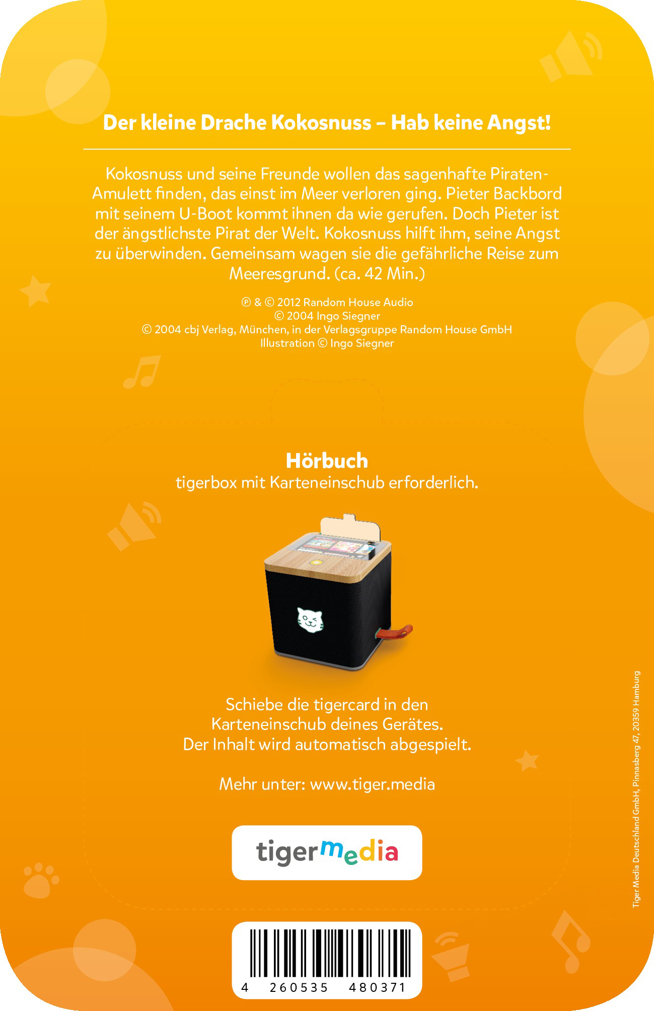 Rückseite eines Kinderbuchs. Es enthält Text und Illustrationen. Das Tiger Media-Logo befindet sich unten.