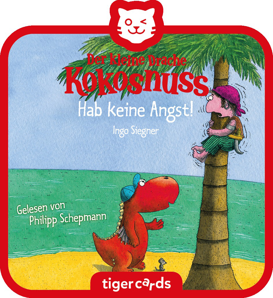 Buchcover eines Kinderbuchs mit einem Dinosaurier und einem Piraten auf einer tropischen Insel.