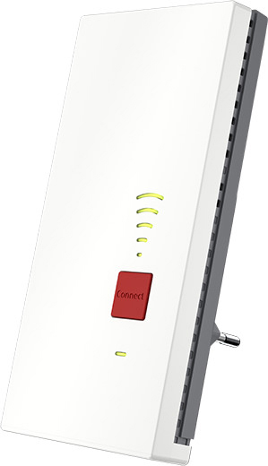 Weißer WLAN-Repeater mit roter 'Connect'-Taste. Zeigt WLAN-Signal-Indikatorleuchten.