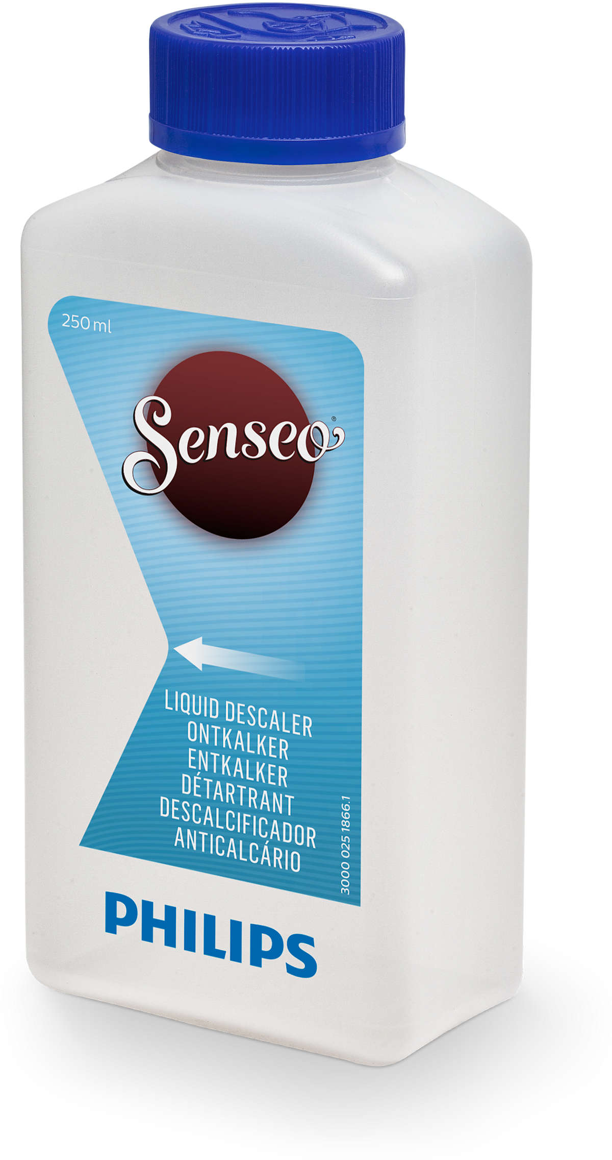Bouteille en plastique blanche avec bouchon bleu, étiquetée "Senseo" et "Liquid Descaler".
