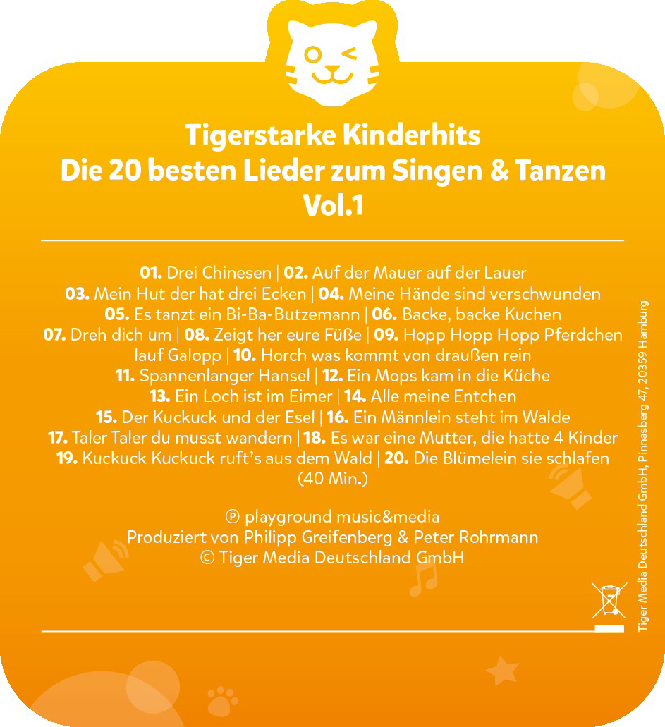 Gelbe Hülle mit Titel 'Tigerstarke Kinderhits', Liste von 20 Kinderliedern.