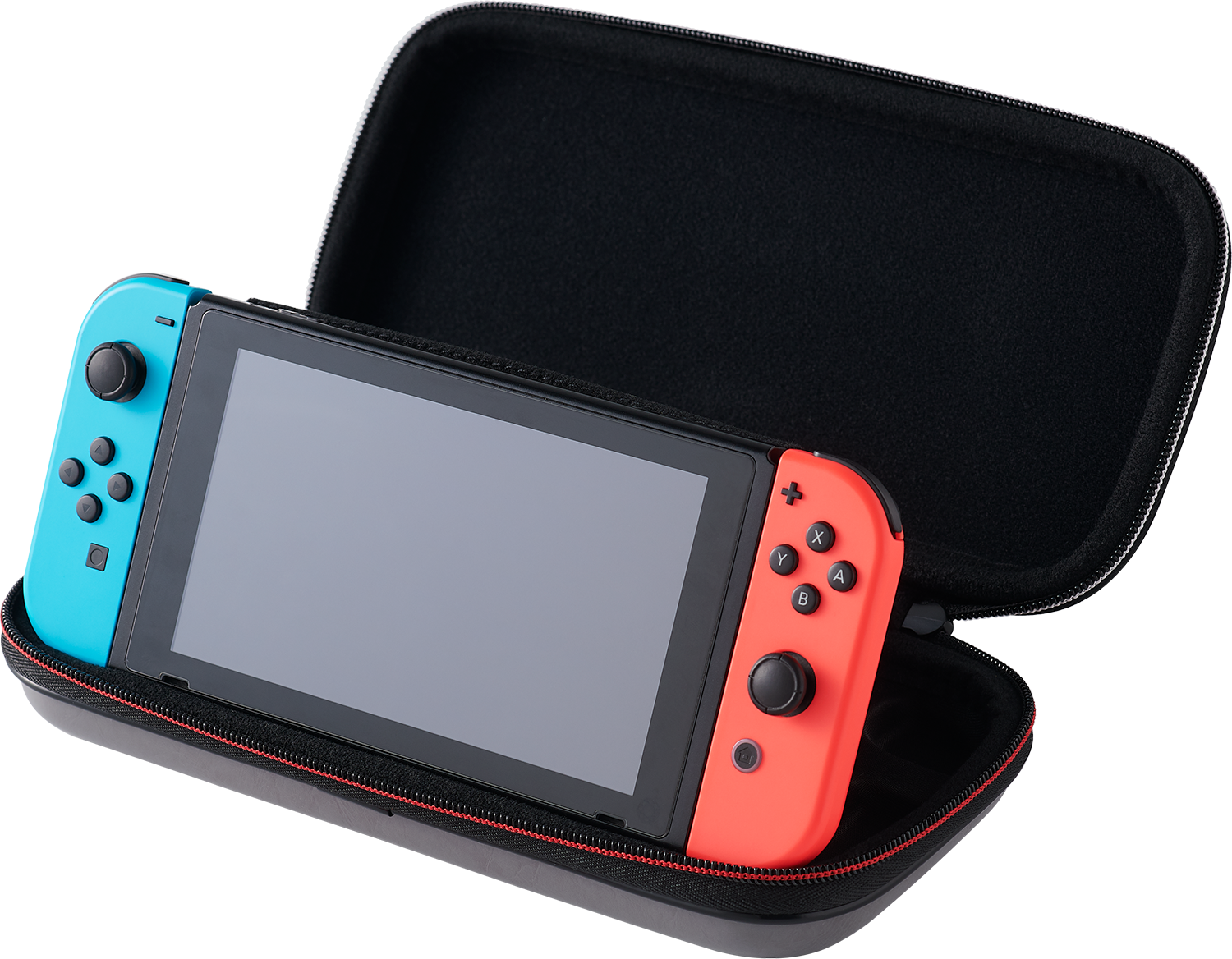 Nintendo Switch console inside a protective case, showing the screen and controllers.