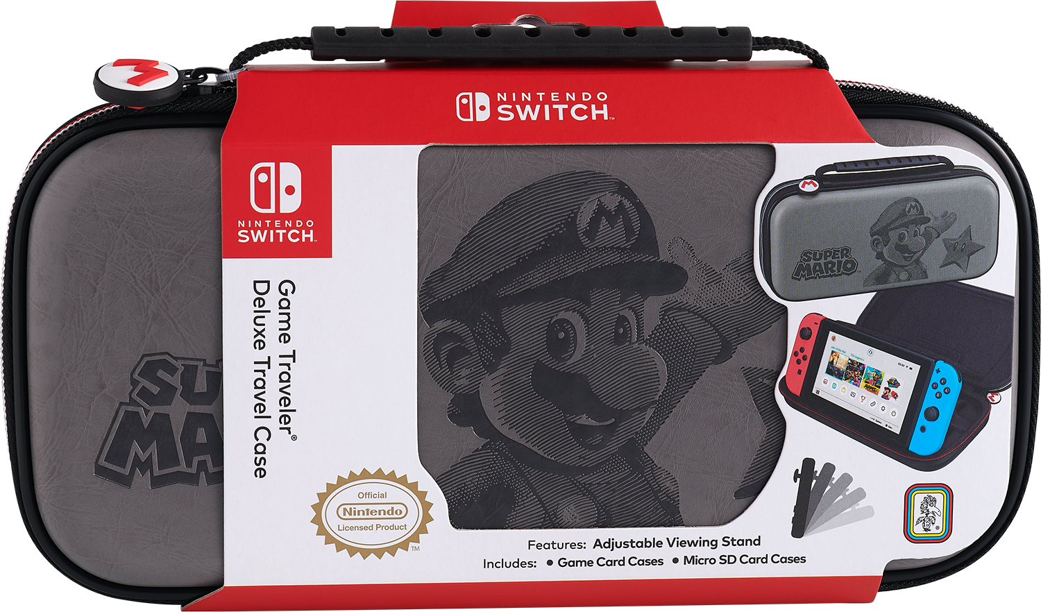 Nintendo Switch travel case with Mario on it. Accessories and console are inside.