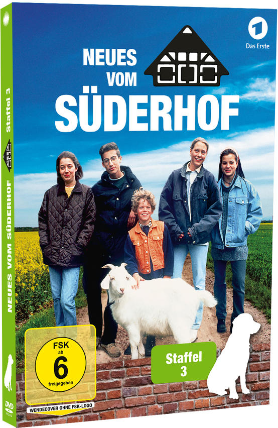 DVD-Hülle von 'Neues vom Süderhof'. Zeigt eine Gruppe von Leuten mit einer Ziege auf einem Bauernhof, blauer Himmel.