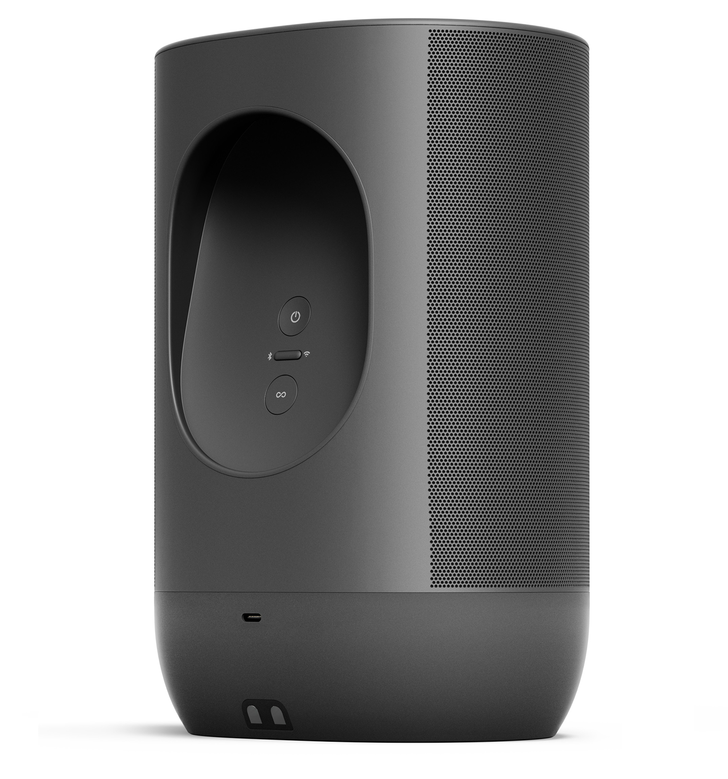 Een zwarte cilindrische speaker met knoppen en een stroomkabelpoort.
