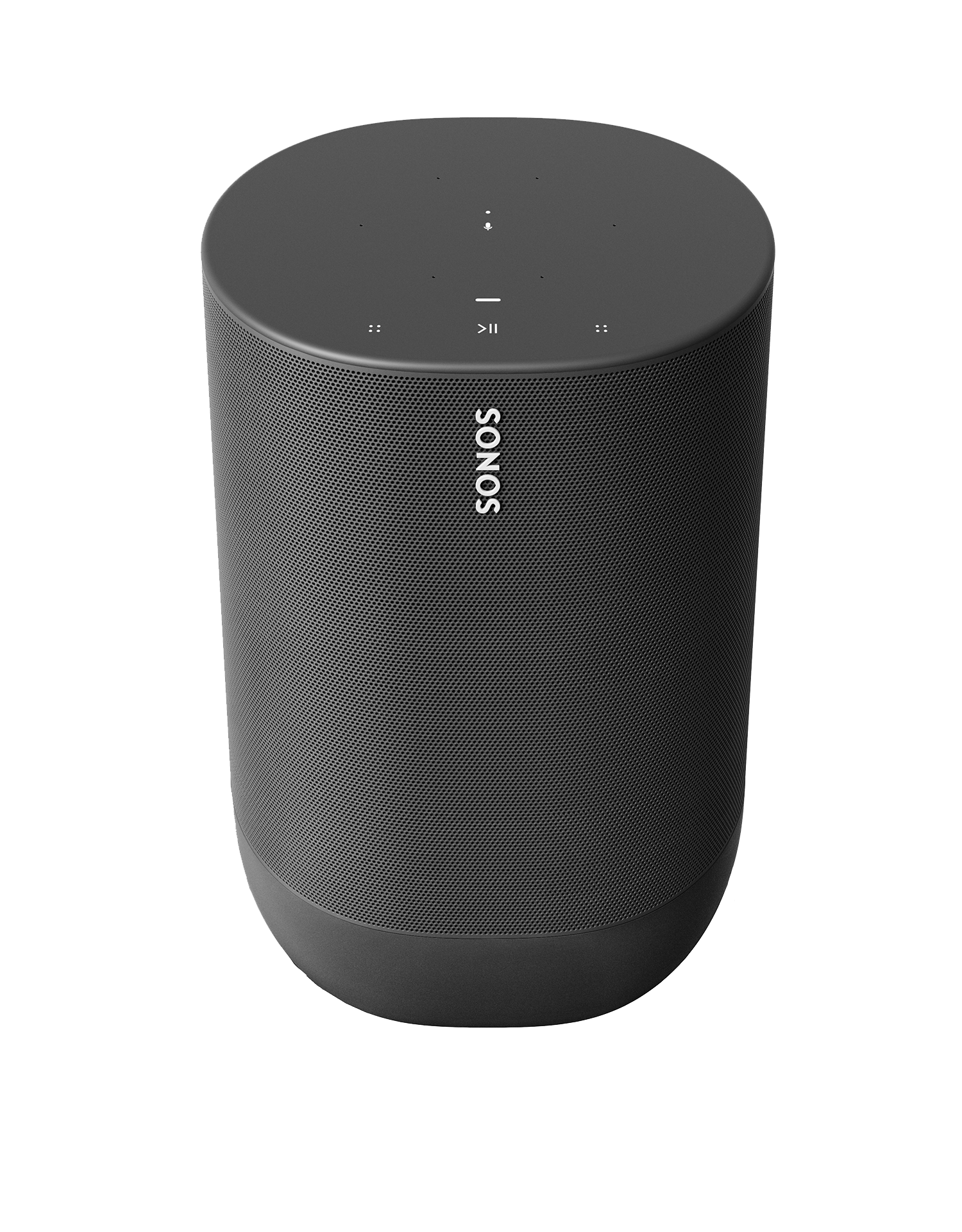 Zwarte cilindrische speaker met zwarte basis, wit Sonos-logo en bedieningsknoppen aan de bovenkant.
