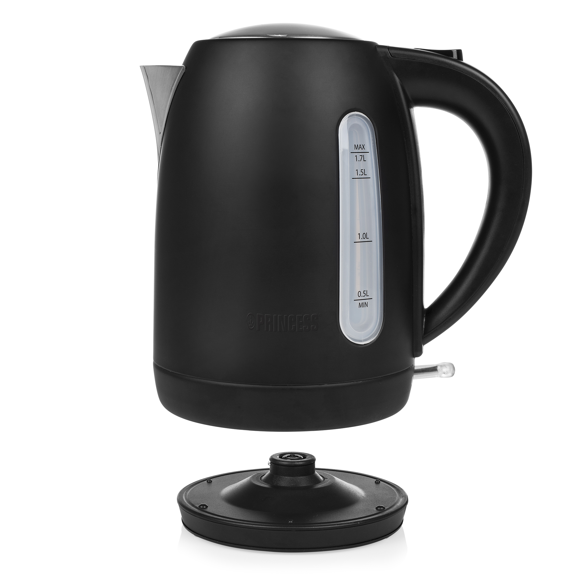 Black electric kettle with a white water level window. The base is separate.