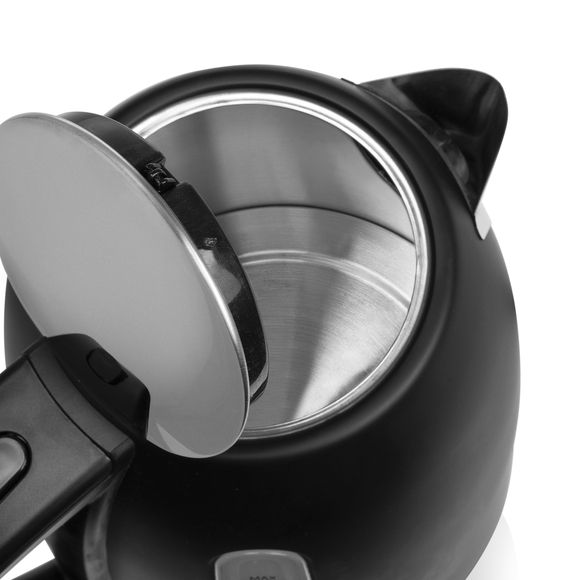 Black electric kettle, lid open, showing the interior. Handle and lid are silver.