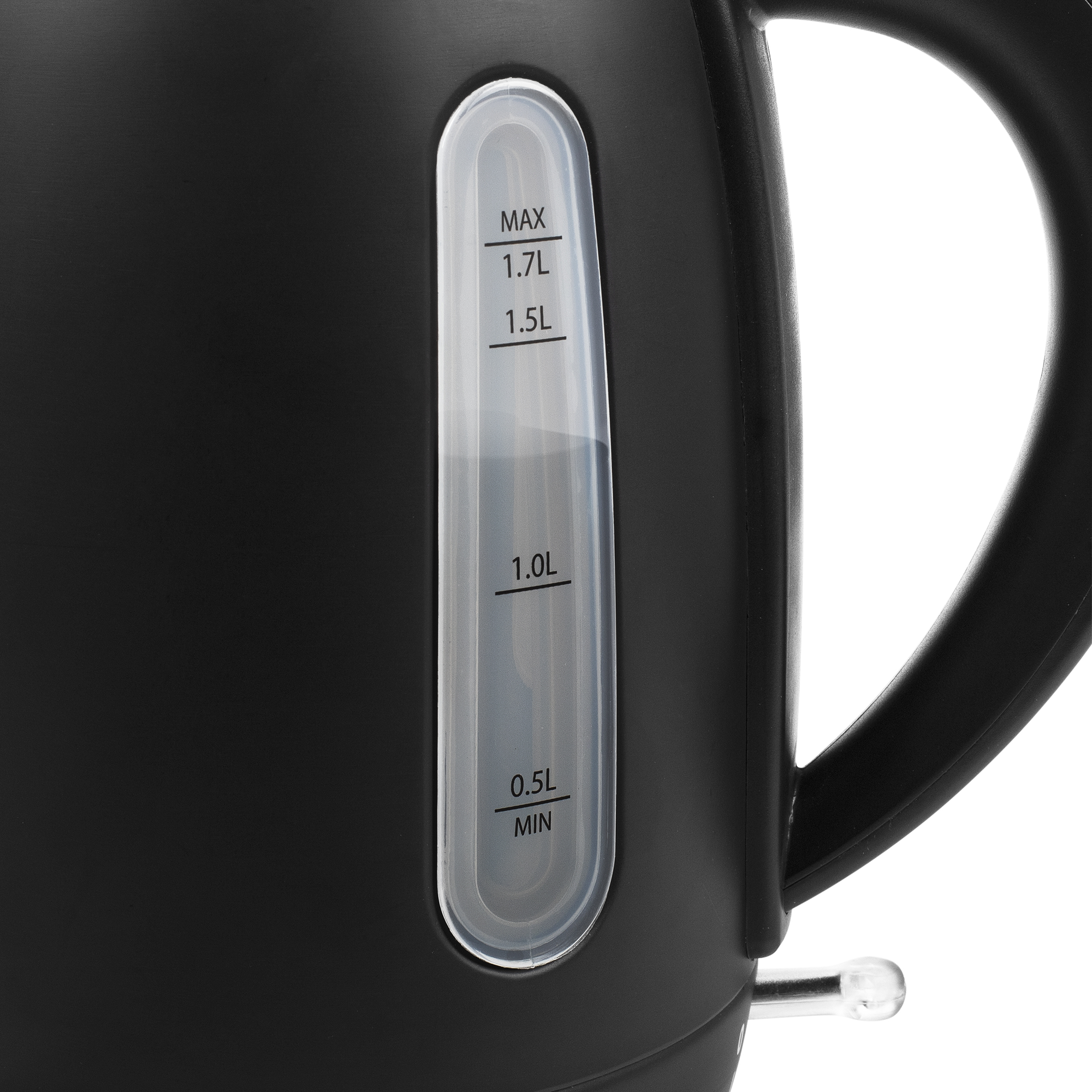 Black kettle with a water level indicator. The handle is on the right side.