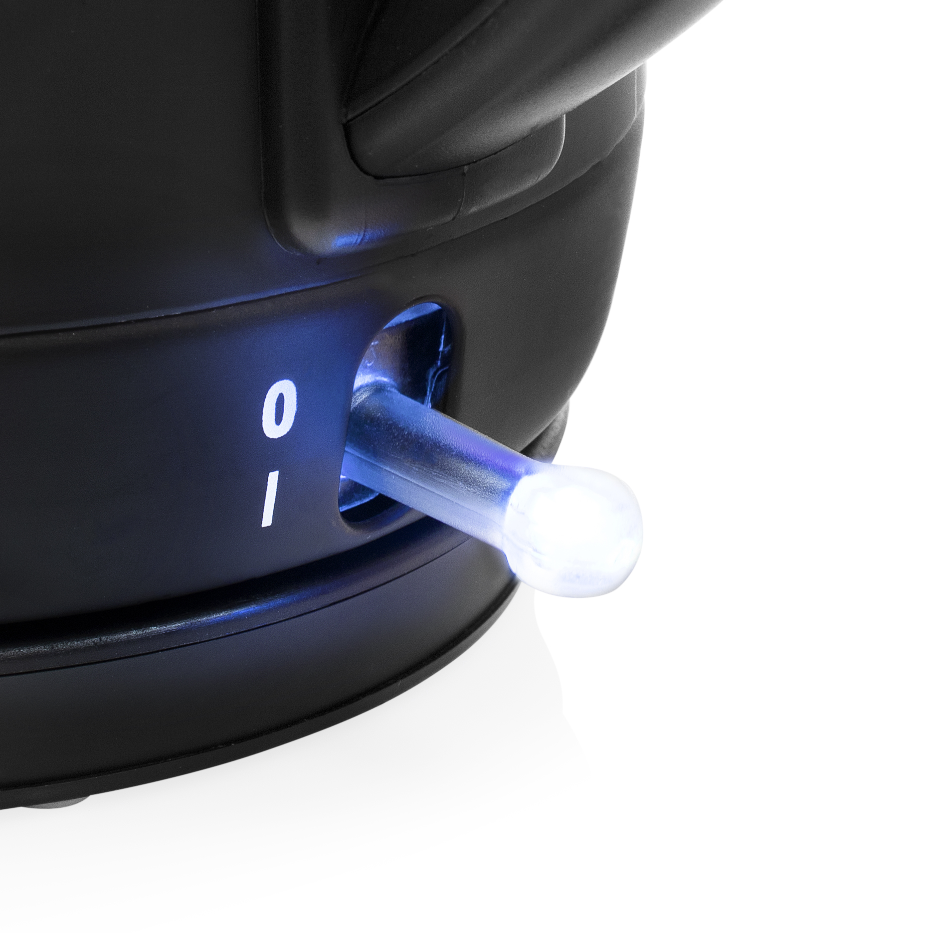 Close-up of a black kettle's switch with numbers 0 and 1, with a blue light.