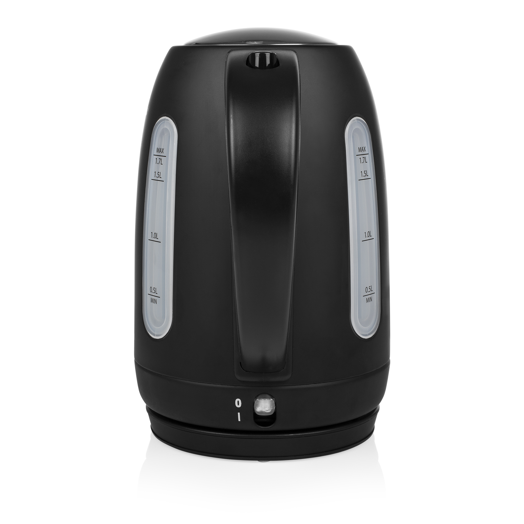 Black electric kettle with a handle. White background. The water level is visible.