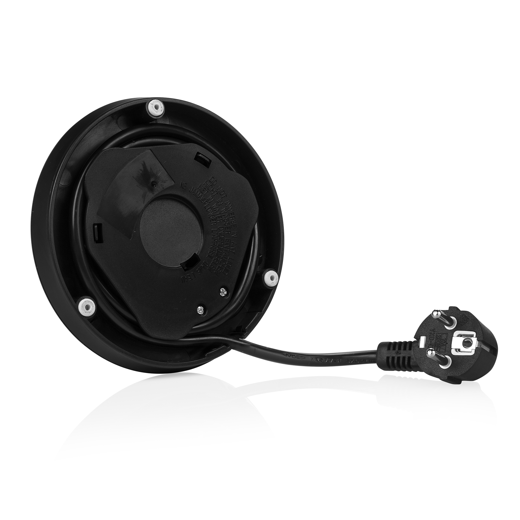 Black kettle base with the power cord and plug. White background.