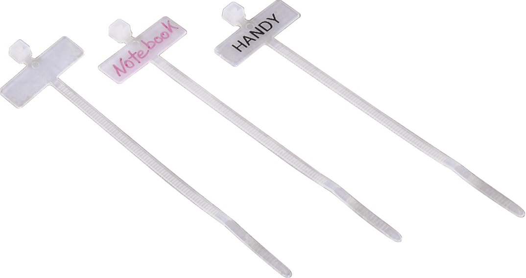 Trois colliers de serrage blancs avec étiquettes : Notebook, Handy et vierge.