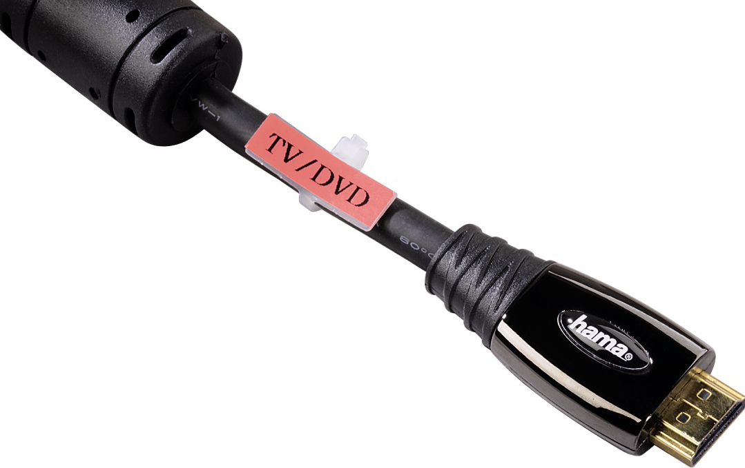 Câble HDMI noir étiqueté 'TV/DVD' avec un connecteur.