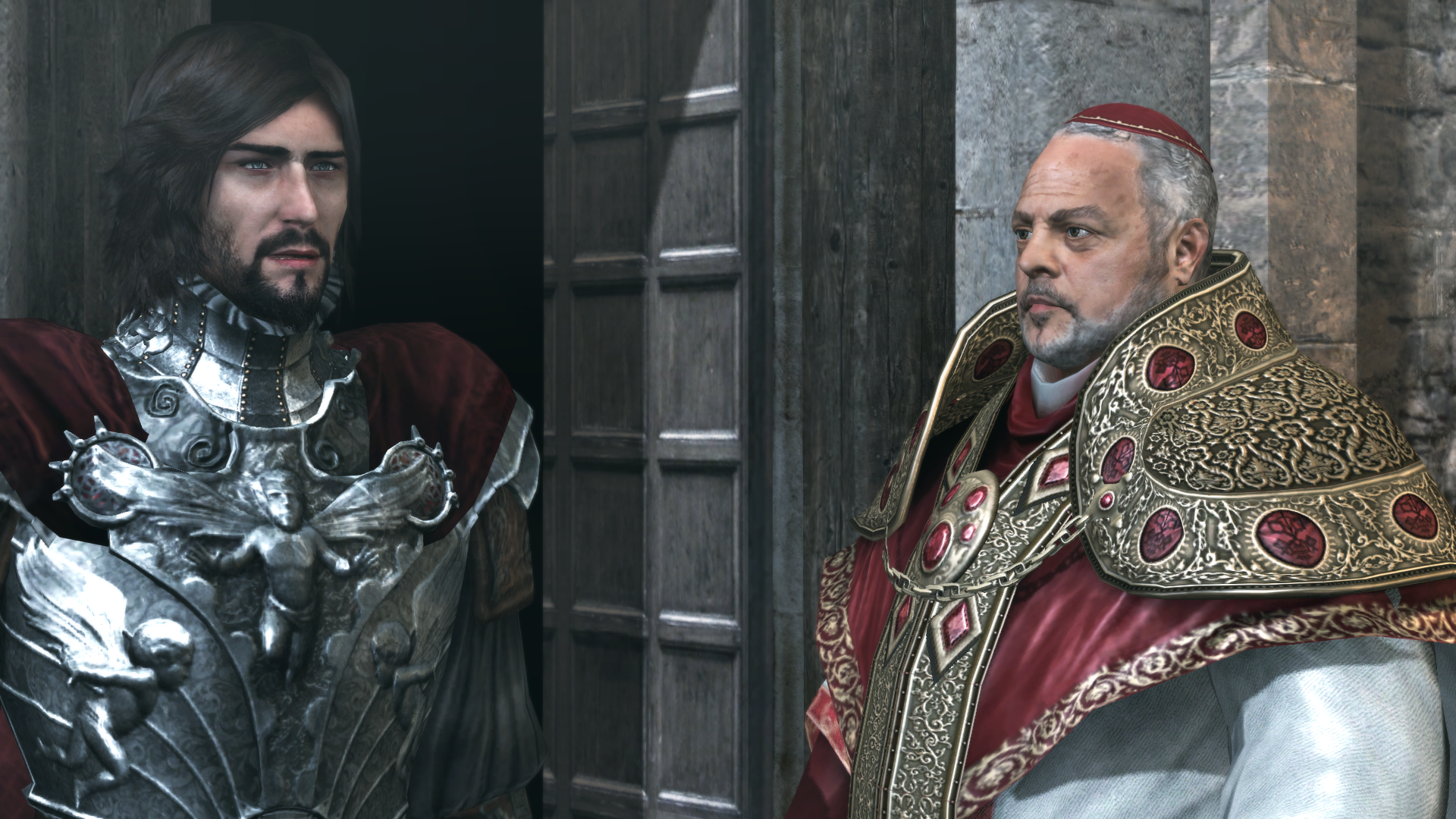 Deux hommes en costume d'époque, l'un en armure.