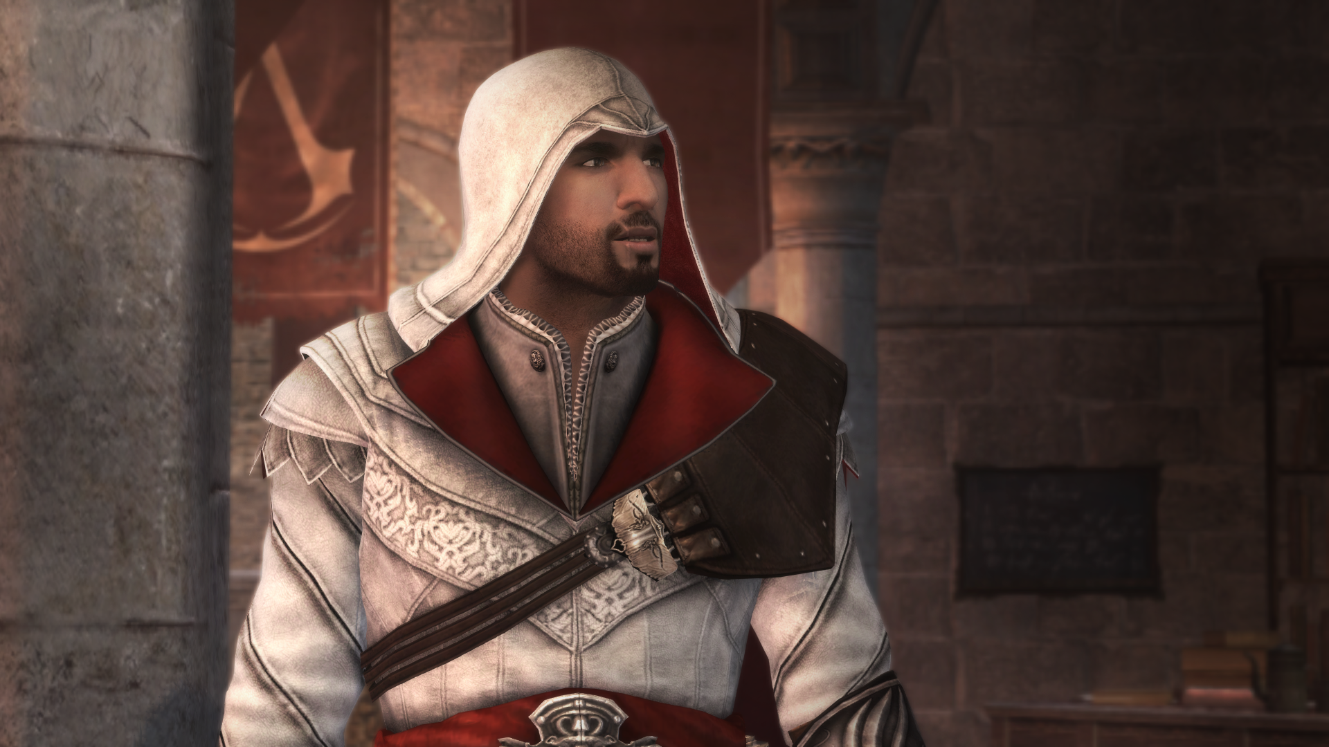 Un homme en tenue d'assassin blanche, avec une capuche, l'air inquiet.