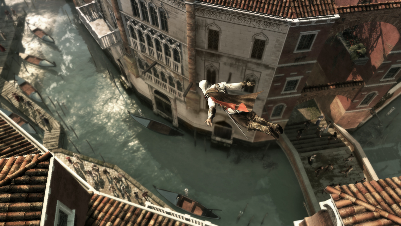 Capture d'écran du jeu Assassin's Creed. Assassin sautant au-dessus d'un canal à Venise.