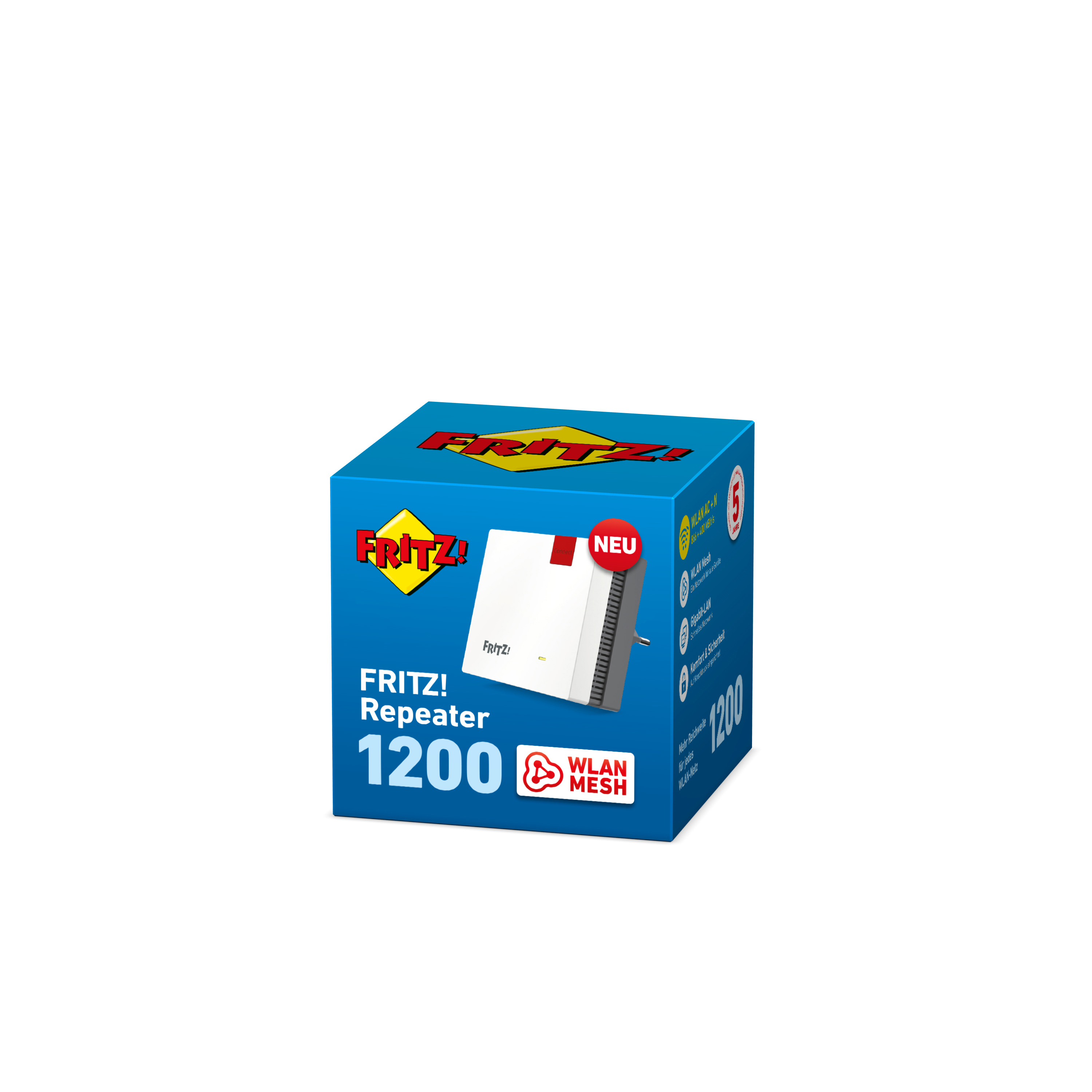 Eine Box mit dem FRITZ! Repeater 1200. Die Box ist blau und weiß, mit WLAN MESH und NEU Text.