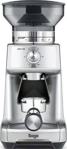 Silberne Kaffeemühle mit schwarzem Deckel. Die Mühle hat ein Bedienfeld.