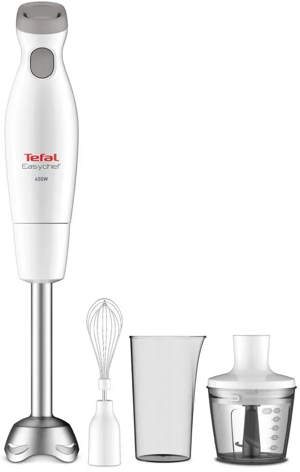 Fehér Tefal Easychef botmixer tartozékokkal. Habverőt, poharat és aprítót tartalmaz.