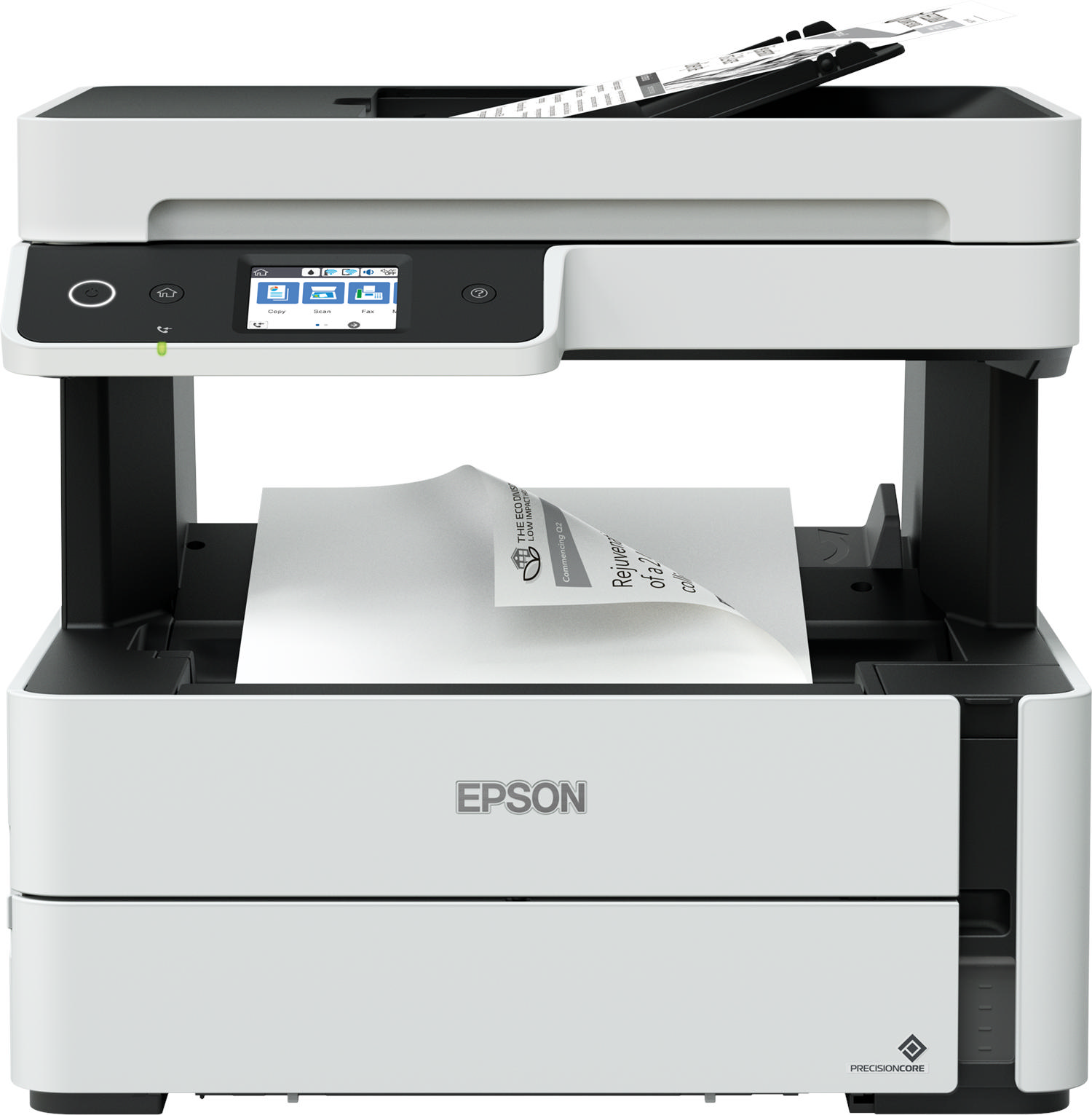 Beyaz Epson çok işlevli yazıcı. Kağıt çıkıyor. Dokunmatik ekran ve düğmeler görülebilir.