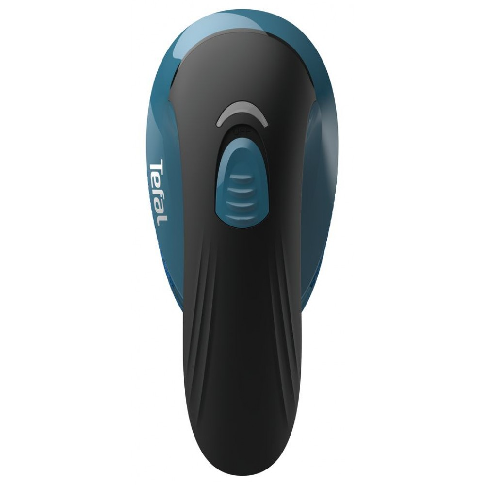 Fekete és türkiz kézi ruhagőzölő, Tefal logóval.