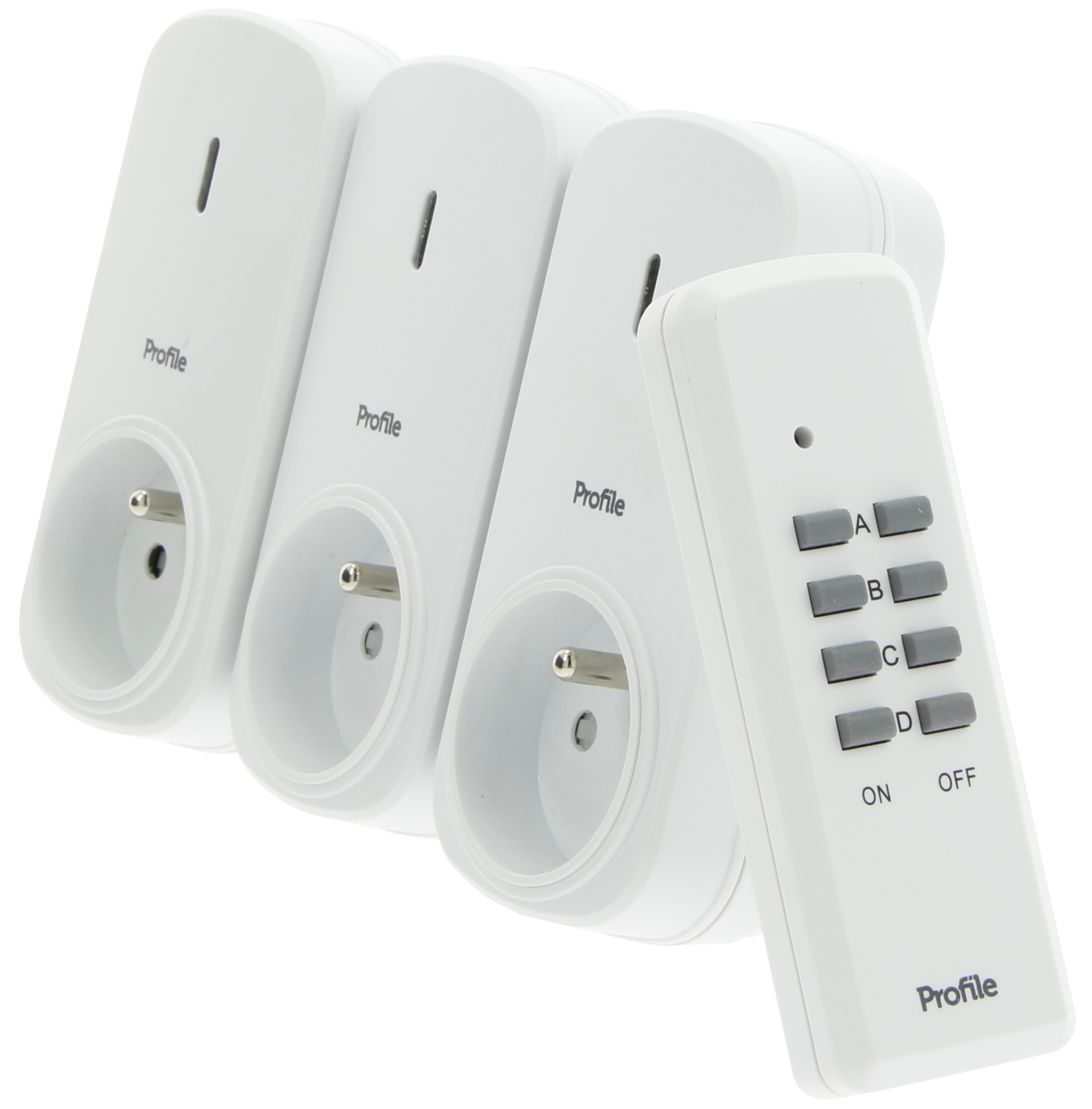 Ensemble de trois prises électriques blanches avec une télécommande. Les prises ont le logo 'Profile'.