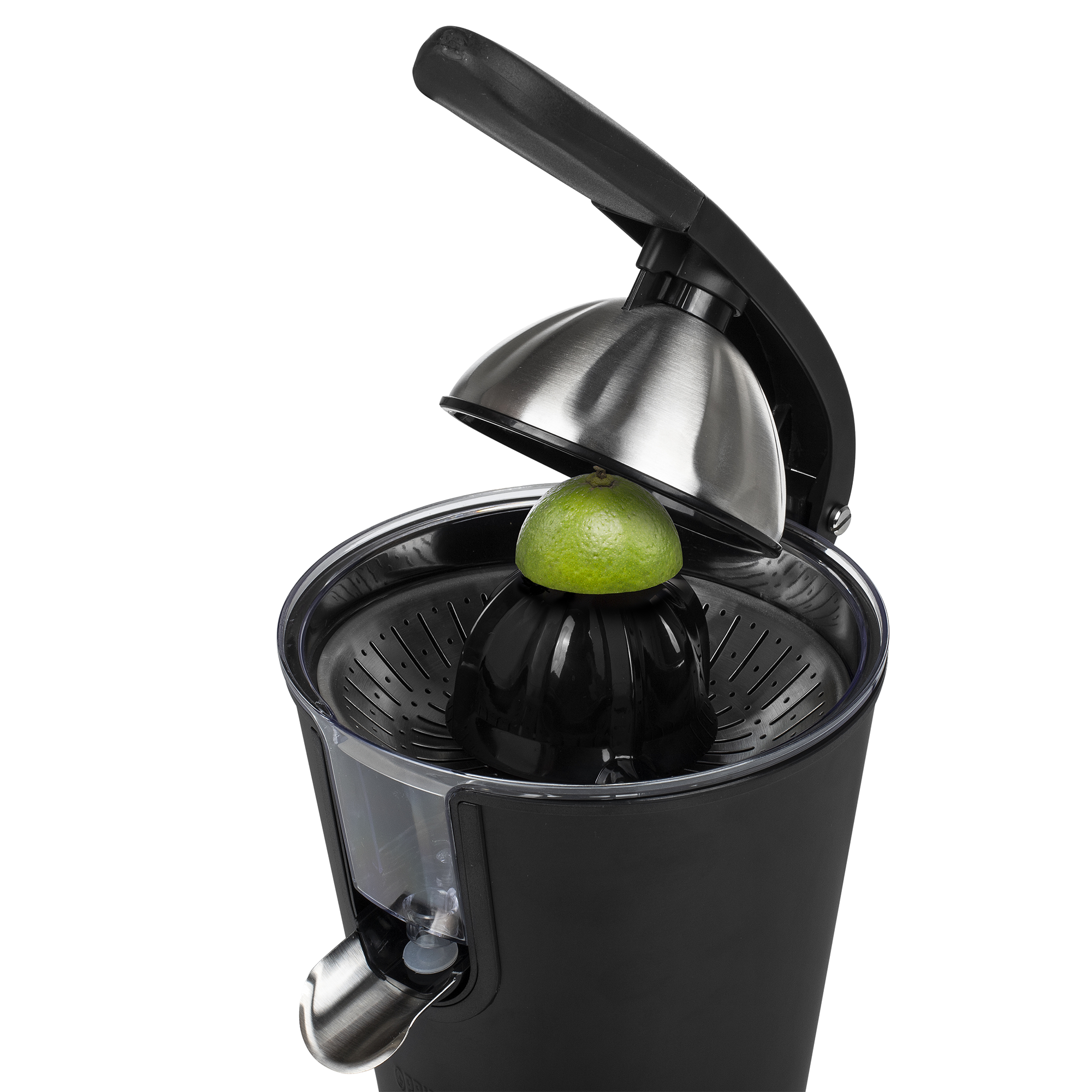 Zwarte citruspers met een groene limoen erin, klaar om te persen.