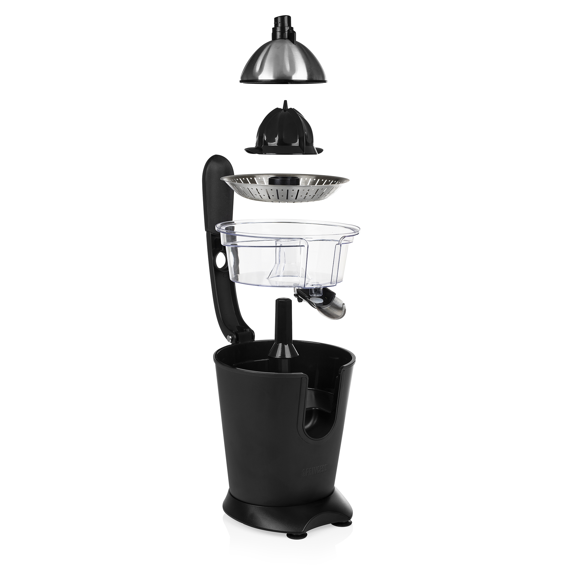 Uit elkaar gehaalde juicer met componenten in een verticale lay-out.