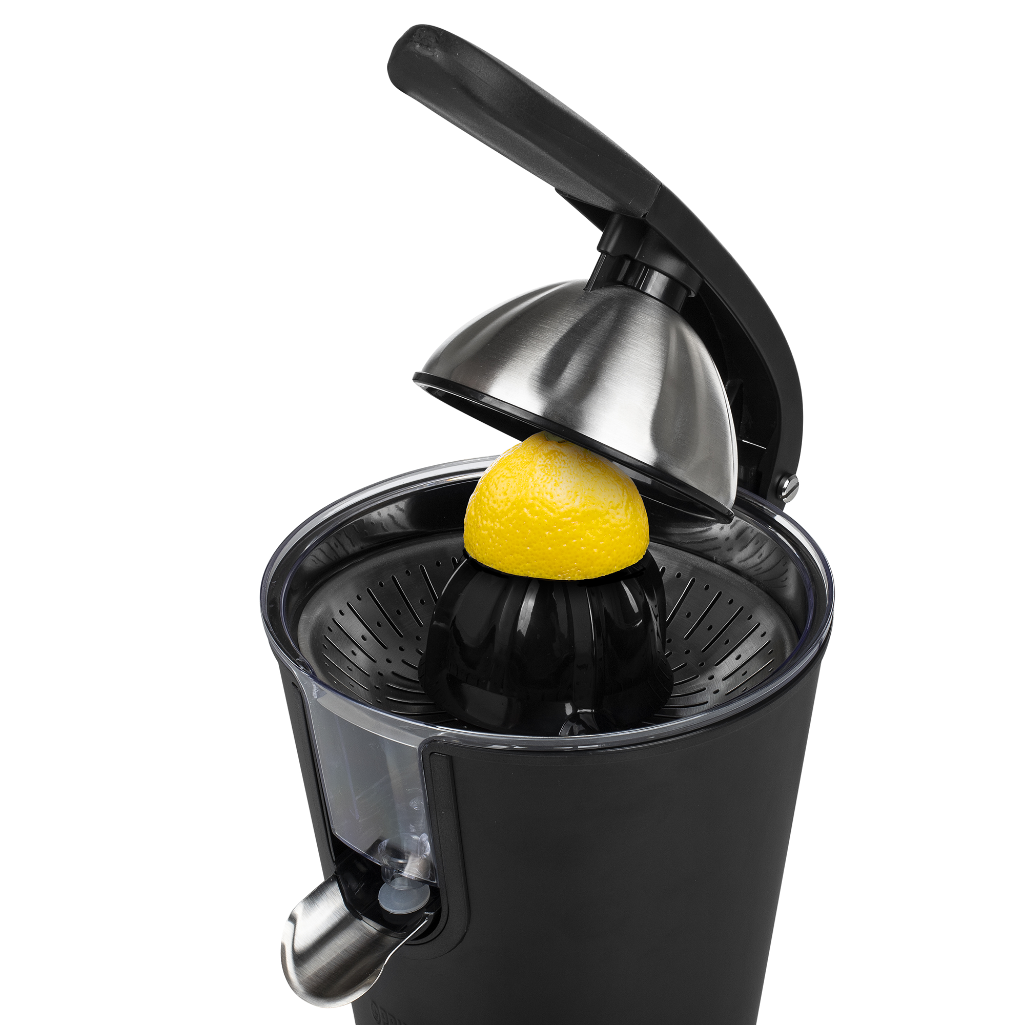 Een zwarte en zilveren citruspers met een citroen erin.