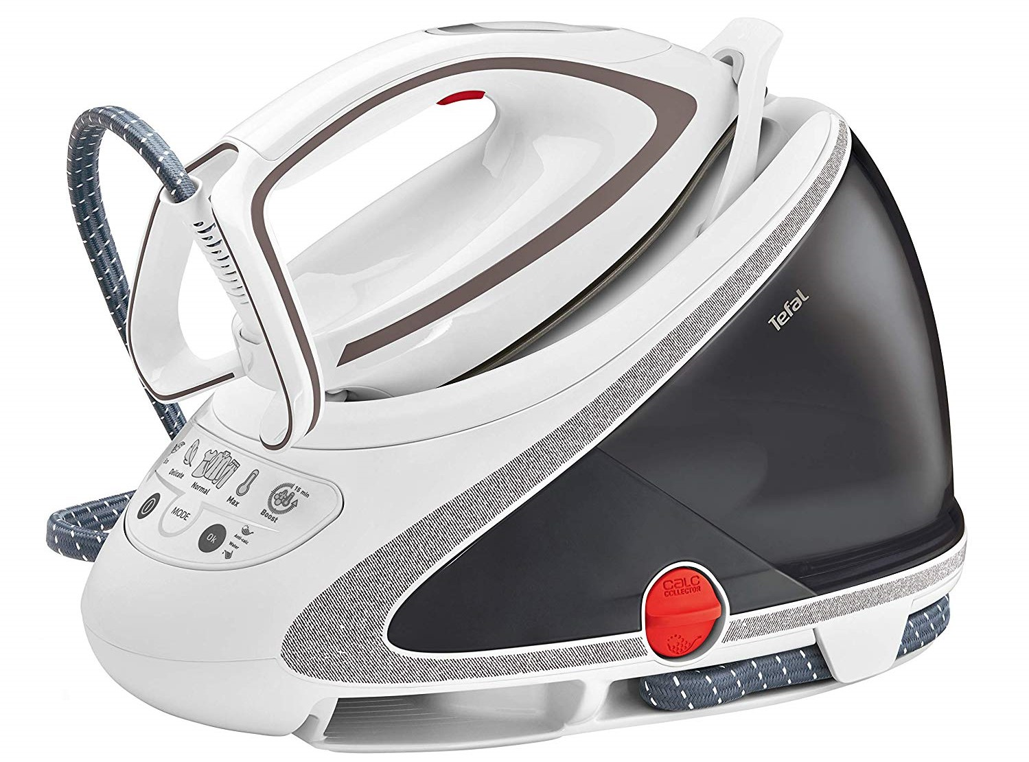 Ein weißes und schwarzes Tefal Dampfbügeleisen mit grauem Sockel. Es hat Knöpfe und Einstellungen für verschiedene Stoffe.
