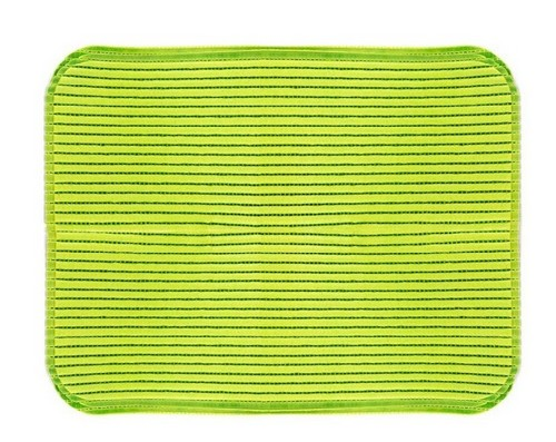 Alfombra de cocina rectangular verde con rayas negras, sobre fondo blanco, vista superior.