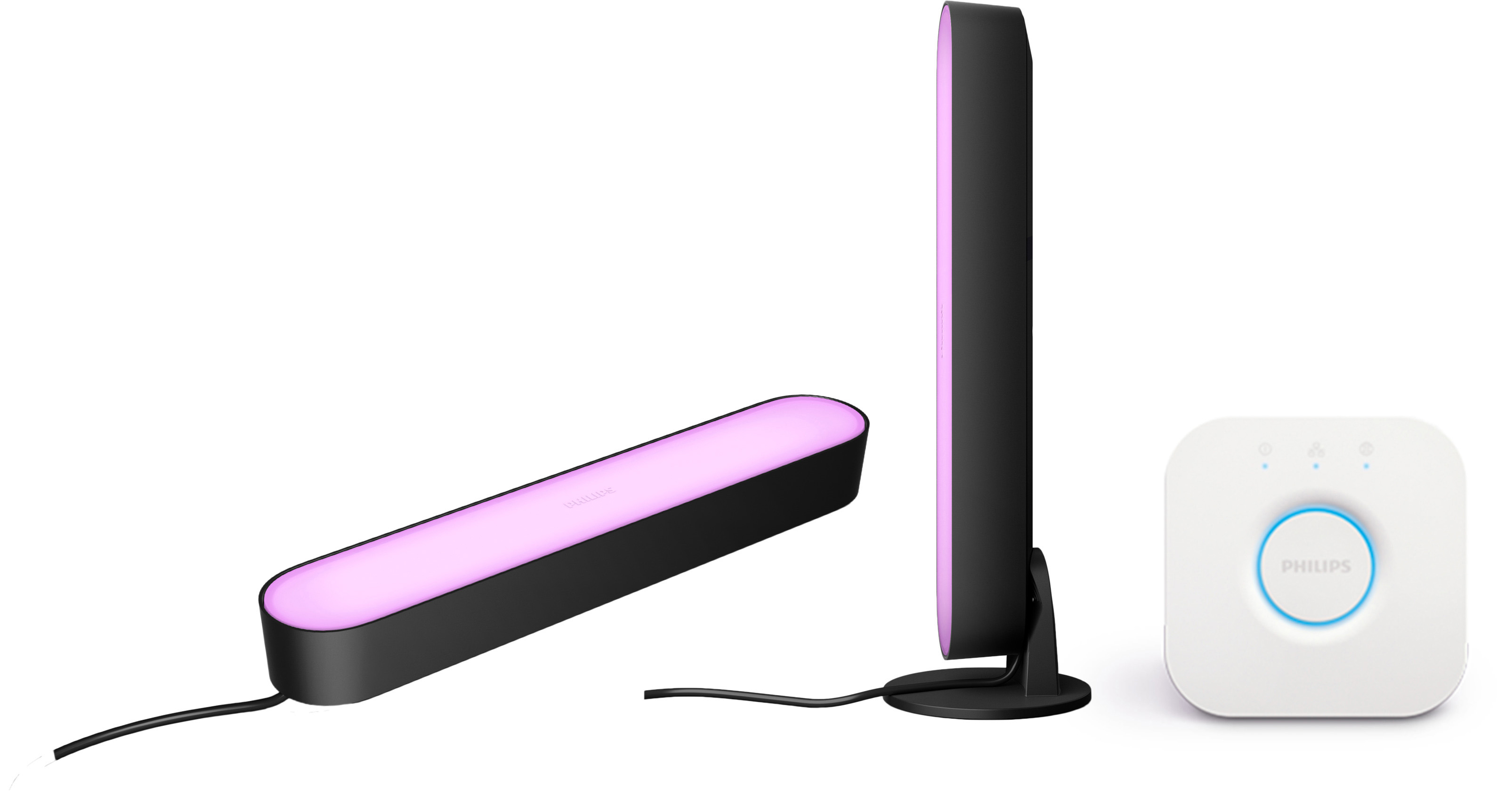 PHILIPS Hue White and Color Ambiance Play Starter Set inkl. 2 Lightbars, Netzstecker und Hue Bridge, schwarze LED Tischleuchte mehrfarbig, warmweiß, kaltweiß