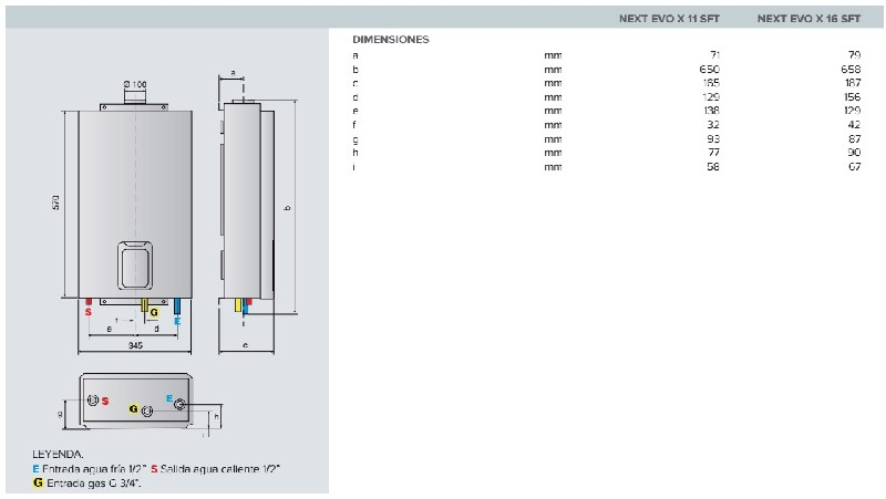 Dibujo técnico de una caldera de gas. Muestra dimensiones y puntos de conexión. Texto y etiquetas en varios idiomas.