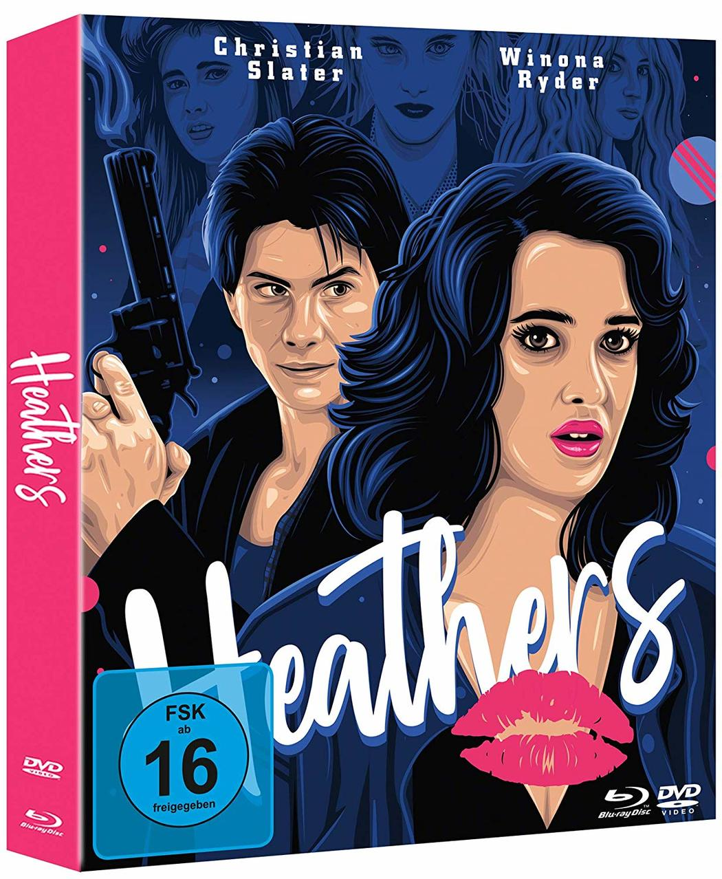DVD-Hülle für den Film 'Heathers'. Enthält zwei Schauspieler, eine Pistole und einen rosa Rand.