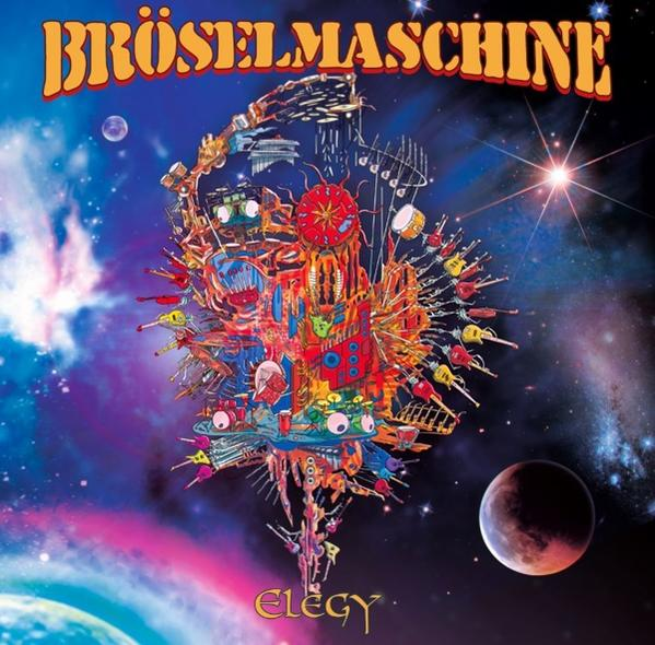 Albumcover mit farbenfrohem, abstraktem Design mit Weltraumthema. Das Wort 'Elegy' ist sichtbar.