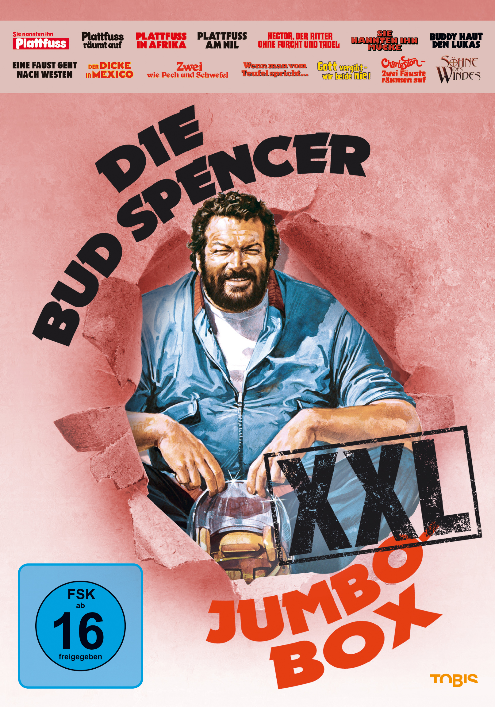 Ein Filmcover mit einem Mann im blauen Hemd mit dem Titel Bud Spencer XXL Jumbo Box.