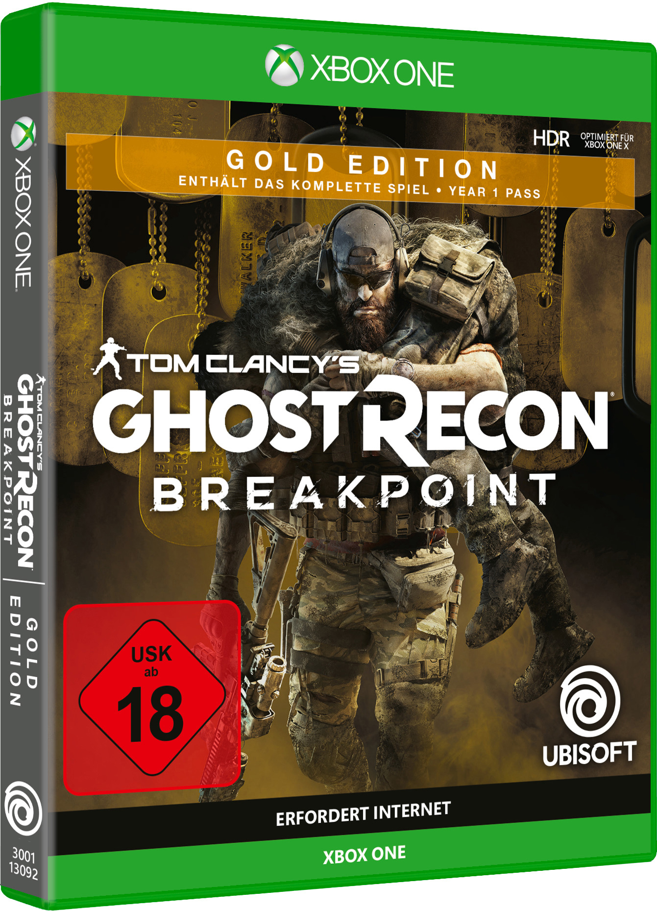 Xbox One Spielhülle. Tom Clancy's Ghost Recon Breakpoint: Gold Edition, ein Mann in Tarnung.
