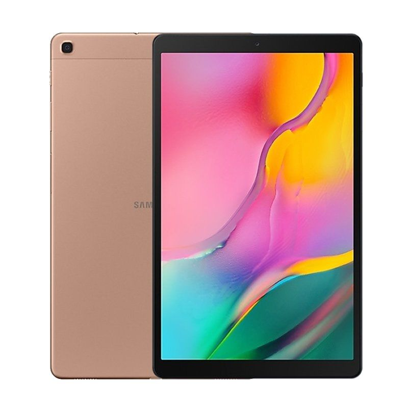 Una tableta dorada que muestra una pantalla de inicio rosa y amarilla.