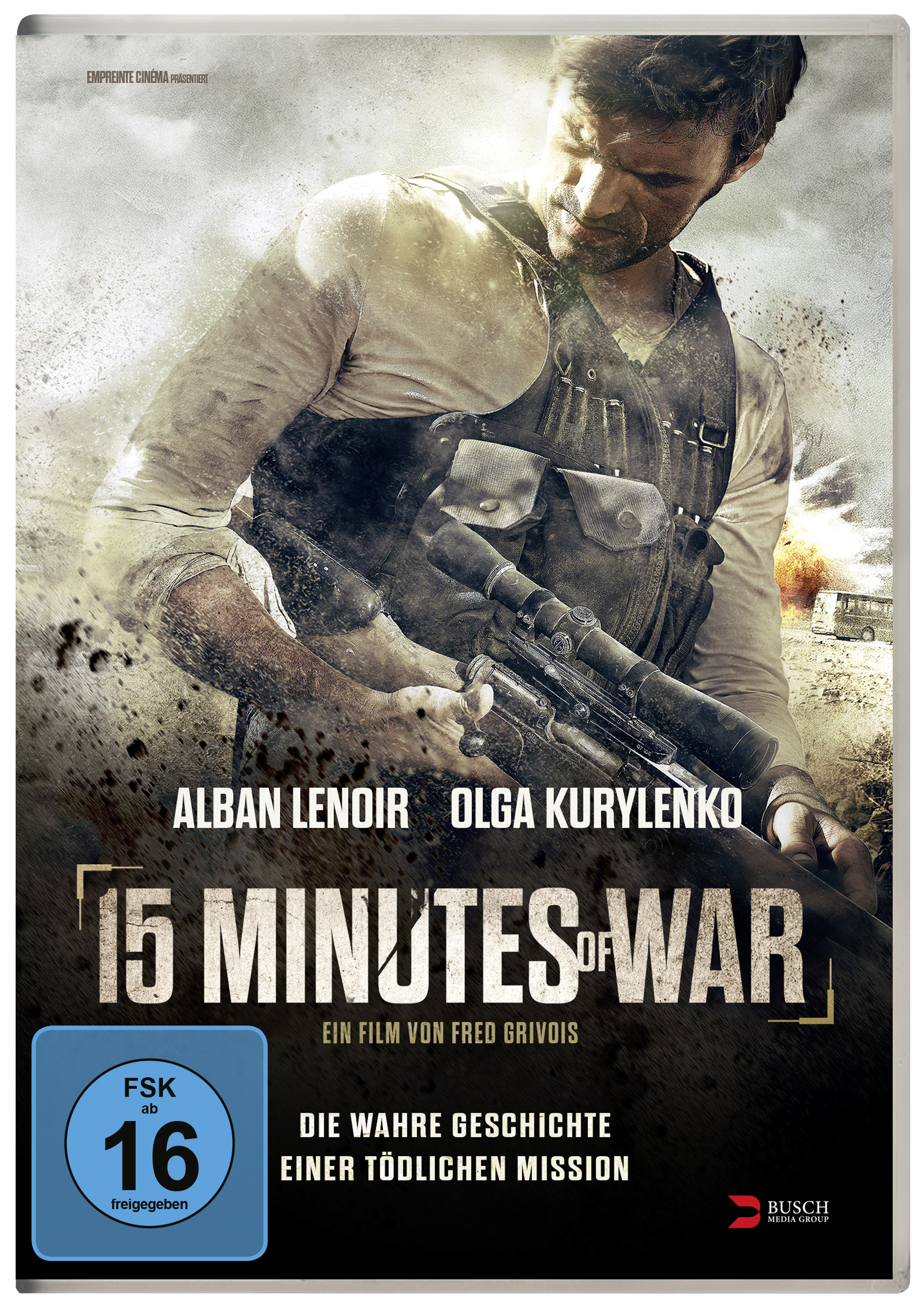 Filmposter '15 Minutes of War' mit einem Mann, der ein Scharfschützengewehr hält.