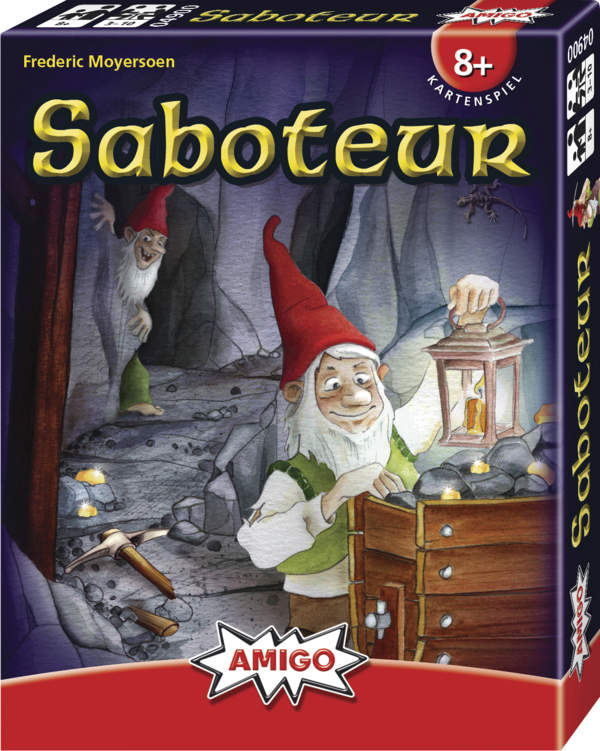 Spielbox von Saboteur mit Zeichentrickgnomen und Bergmännern in einem Bergwerksschacht.