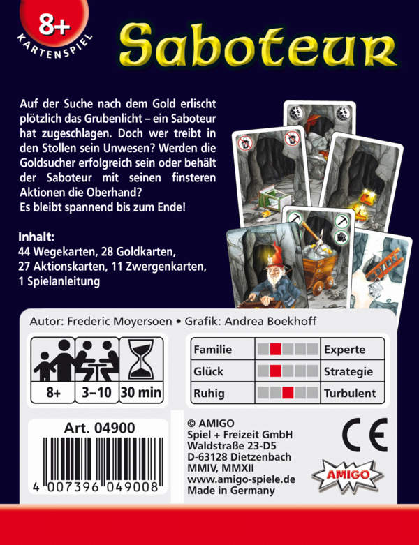 Rückseite der Saboteur-Kartenspielbox. Text und Bilder von Karten und Spielregeln sichtbar.