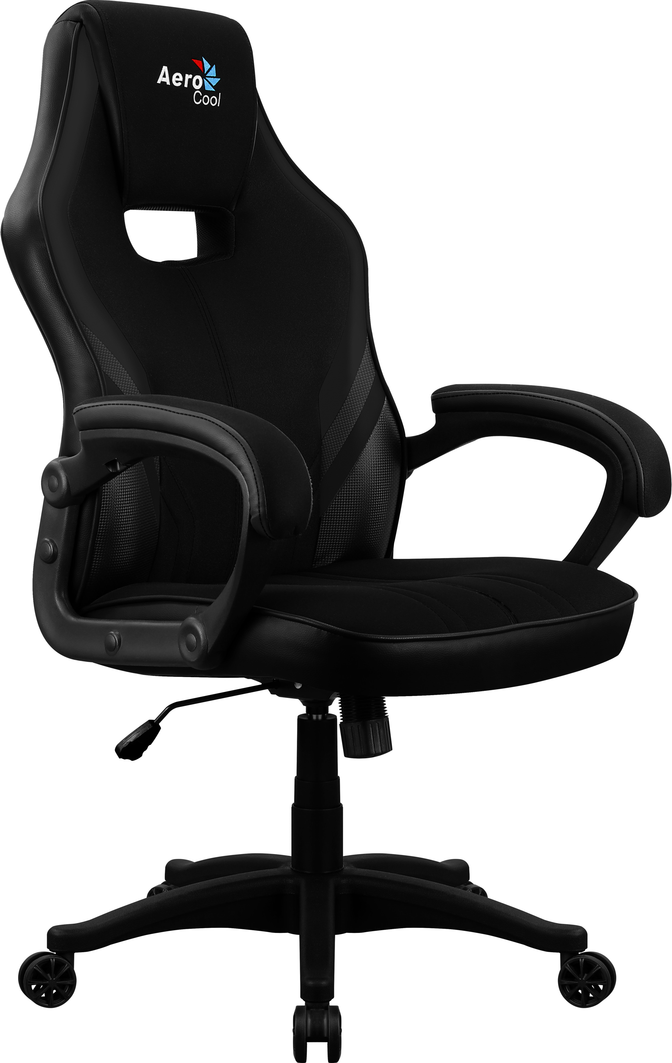 Schwarzer Gaming-Stuhl mit AeroCool-Logo, Armlehnen und schwarzem Fuß.